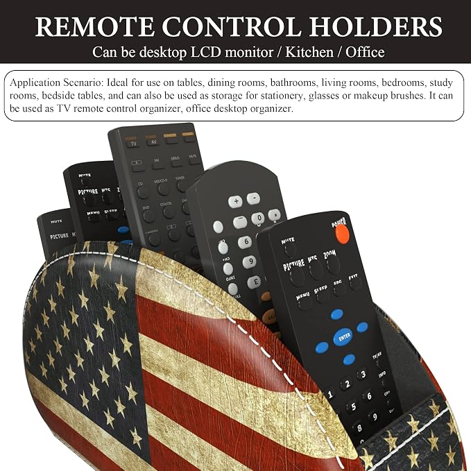 Leather Remote Caddy Desktop Organizer with 5 Spacious Compartments for TV Remotes/Media Controllers/Office Supplies (American Flag)