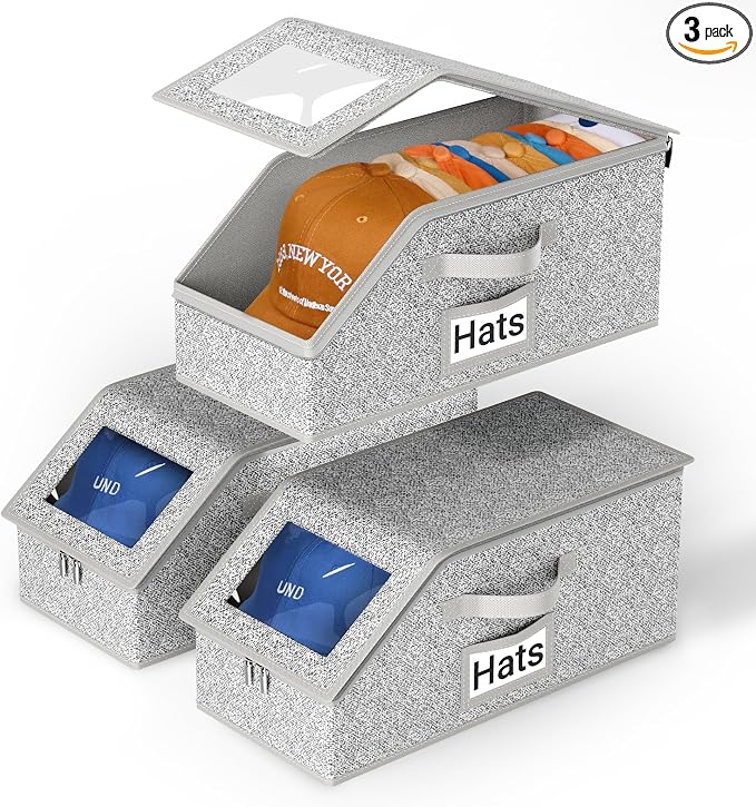 AOODA 3 PCS Stackable Hat Storage for Baseball Caps, Holds up to 36 Caps Cap Organizer for Closet, Sturdy Hat Boxes for Men with Cardboard, Grey