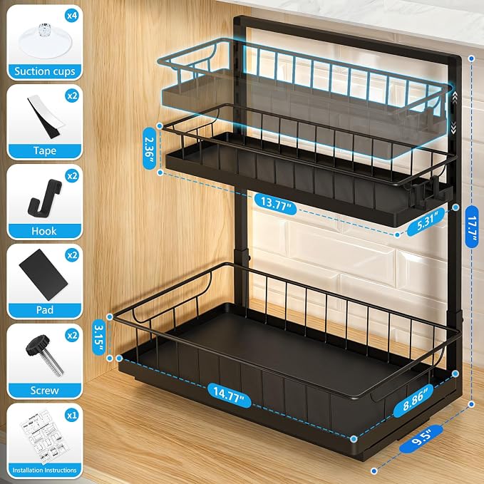 WOWBOX Under Sink Organizer 1 Pack, 2-Tier Cabinet Organizer for Kitchen, Bathroom, Slide Out Drawer Under Sink Organizers and Storage, Metal Organizing Rack for Pantry, Cabinet, Closet