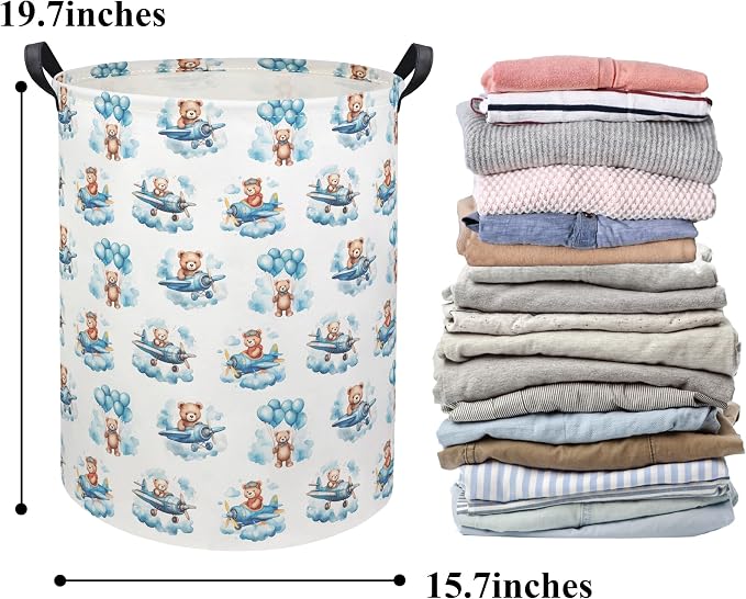 Baby Laundry Basket Baby Hamper for Nursery Girl Kids Butterfly Hamper Cute Kids Toys Storage Bin Organizer Butterfly Room Decor for Home(Bear Pilot)