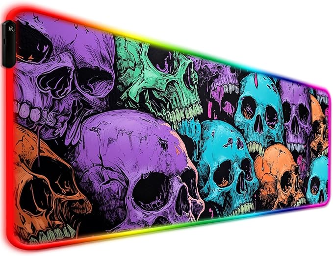 RGB Scary Skull Gaming Desk Mat, Computer Keyboard Large Extended Cool Multi-Color Skull LED Mouse Pad for Office and Home, 31.5×11.8 Inches, XL