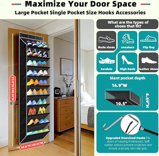 PAULONE 10-Pocket Multi-Use Over the Door Organizer, Heavy Duty 95lbs Capacity with Breathable Mesh, Versatile Hanging Storage for Shoes, Toys, Office Supplies-Classic (Black, 10-Shelf,)