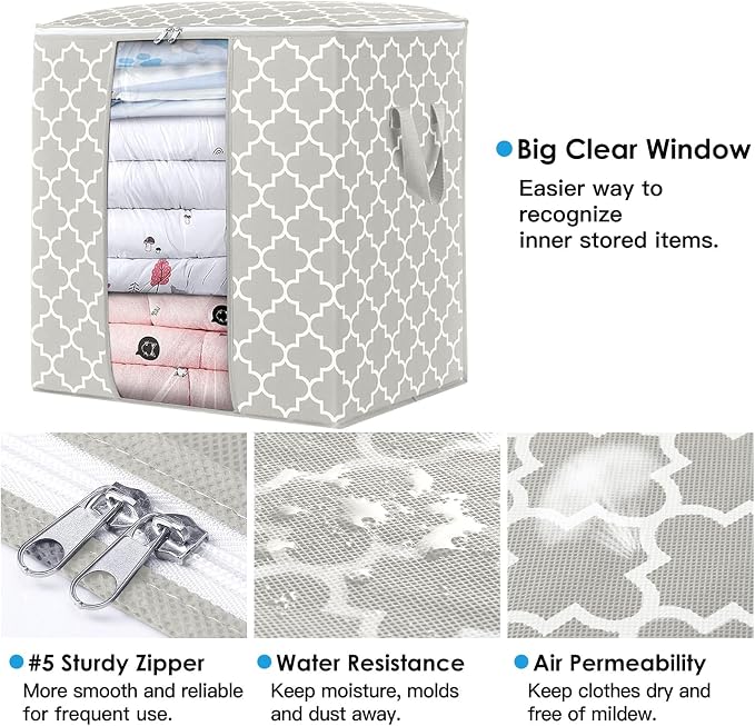 WISELIFE Storage Bags 3 Pack/100L Large Blanket Clothes Organization and Storage Containers for Comforters,Bedding, Foldable Organizer with Reinforced Handle, Clear Window, Sturdy Zippers,Lvory