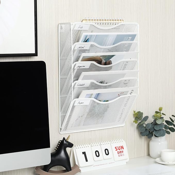 EasyPAG Wall File Organizer 5 Tier Hanging Paper Folder Holder, Zero Assembly Metal Mesh Wall Mounted Mail Organizer for Office Home Classroom Narrow Spaces, White