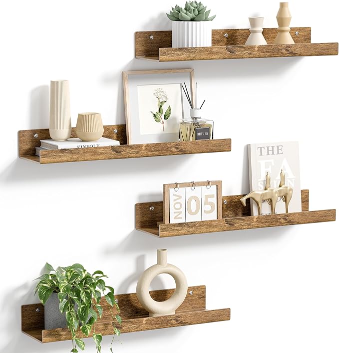 upsimples 4 Pcs 15" Acrylic Shelves for Wall Decor and Display, Rustic Wood | Cute Floating Shelf for Perfume, Skincare, Nail Polish, Wall Organizer for Bedroom, Living Room, Playroom, Room Décor