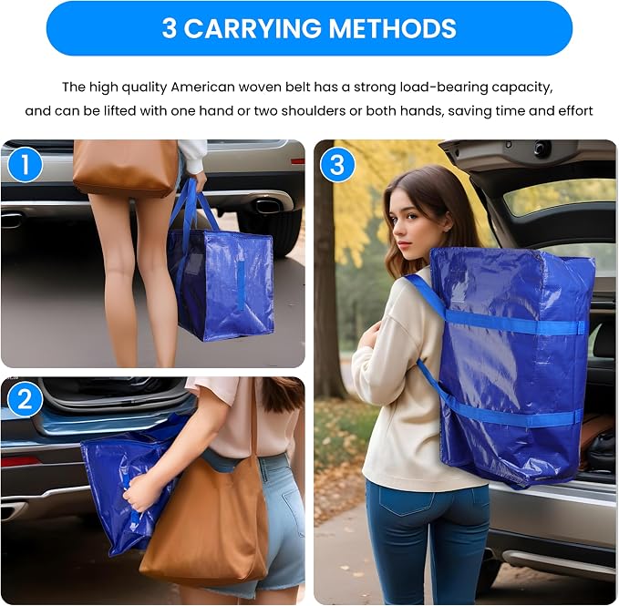 Simple Deluxe 6 Pack Extra Large Moving Bags with Lids, Reinforced Handles and Zippers, Heavy Duty Storage Tote for Moving Travel Camping Space Saving, Blue