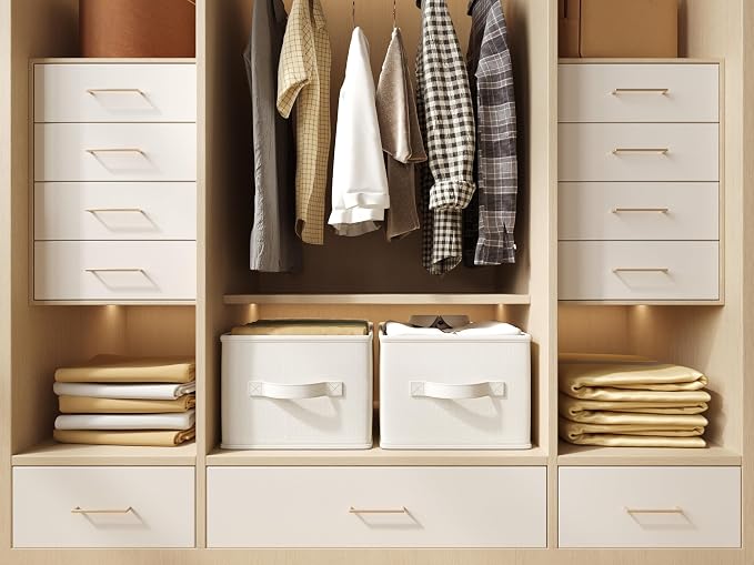 LayerSpace 3 Pack Fabric Storage Bins for Shelves | 11.5x8.75x6.5in Storage Baskets | Fabric Closet Organizers and Storage Bins with Handles Home Organization| Linen Clothes Bins | White & Ivory