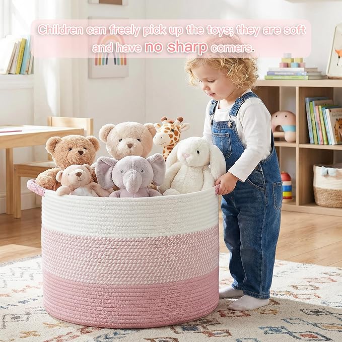 Artfeel 40L Large Cotton Rope Basket, Decorative Woven Blanket Storage for Living Room, Boho Toy Storage & Toy Box for Kids, Versatile Laundry Basket & Nursery Hamper for Blankets(Pink)