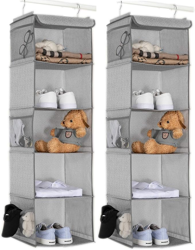 BrilliantJo 5 Shelves Hanging Closet Organizer, 2 Pack Hanging Storage with 6 Side Pockets for Clothes Bags, 43"x12"x12"(Light Gray)