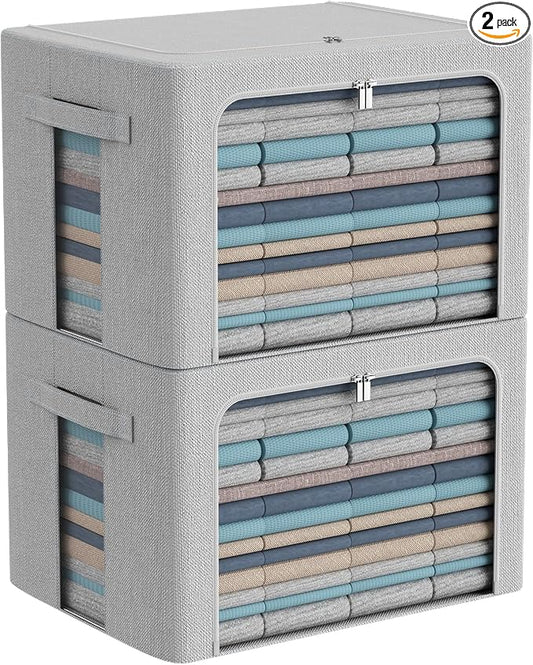 CYhom Clothes Storage Bins Box - Foldable Stackable Container Organizer Set with Clear Window & Carry Handles & Metal Frame - 2Pack Large Capacity for Bedding, Blankets, Books