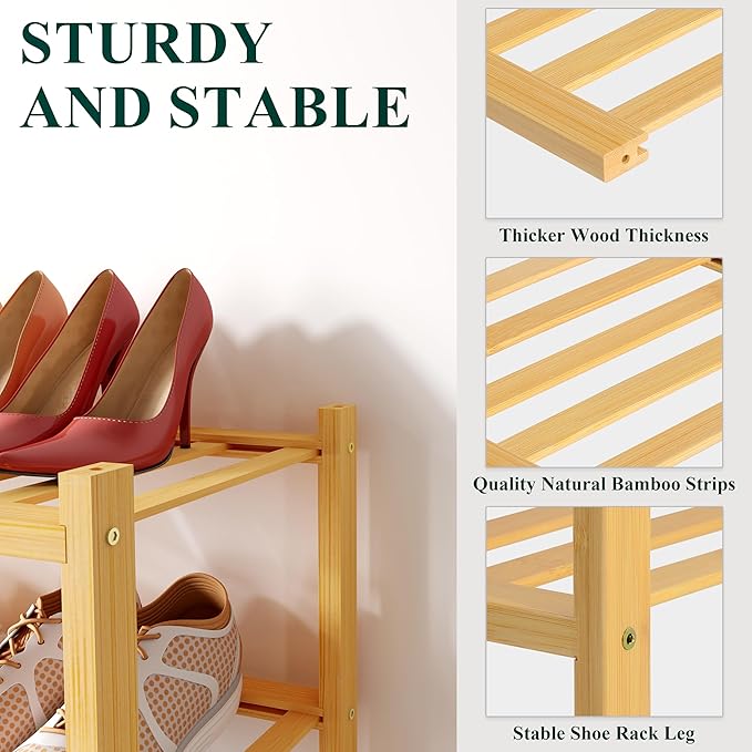 Smiry Bamboo Shoe Rack for Closet, 2 Tier Small Wooden Shoe Organizer, Stackable Wood Shoe Storage Shelf for Entryway, 14 Vertical Slats, One-piece Heavy-Duty Legs, 17.32"x11.02"x12.99", Natural