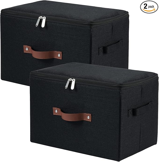 2 Pack Storage Bins with Zipper Lid Cotton Linen Fabric Lidded Storage Baskets Boxes Foldable Washable Closet Shelf Clothes Organizer Container with PU Leather Handles (Black, Large Size)