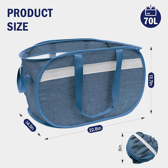 Collapsible Laundry Baskets, Foldable Tear Proof Pop Up Hamper with Reinforced Carry Handles, Durable Laundry Hamper for Home, Laundry, Bathroom, Dorm or Travel (Blue)