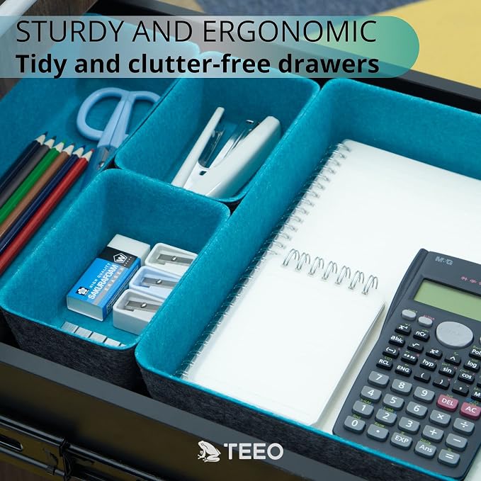 Teeo - Desk Organizer Drawer - Makeup Drawer Organizer Trays - Bathroom Drawer Organizer - Small Desk Organizer - Home Office Cosmetic Bins Dividers Compartment Organization - Pack of 7, Turquoise
