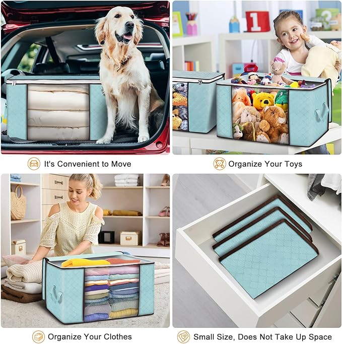 90L Large Storage Bags, 6 Pack Clothes Storage Bins Closet Organizers | Foldable Storage Containers, with Reinforced Handle, for Clothing, Blanket, Comforters, Bed Sheets, Pillows and Toys,Blue