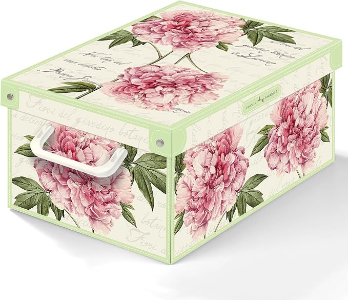 Lavatelli: Storage Box: Small - Peony - Lid & Side Handles, Decorative Cardboard Organizer, Stacks-Folds, Home-Clothes-Linen-Office, 13.8 x 9.8 x 6.9 | Floral Closet Organizer Box & Bedroom Garment Container – 25x35x17.5 cm