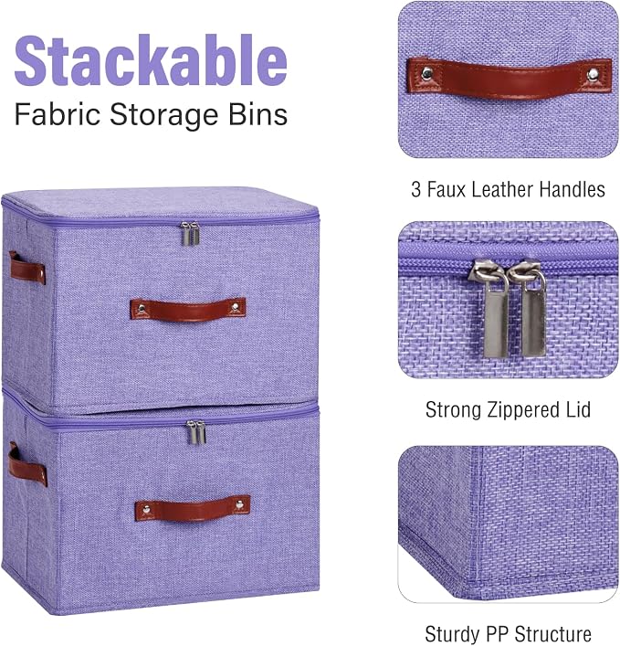 Storage Bin Box with Zippered Lid Cotton Linen Fabric Decorative Basket with PU Leather Handles PP Plastic Board Foldable Lidded Clothing Shelf Closet Organizer Container (Purple, Large)