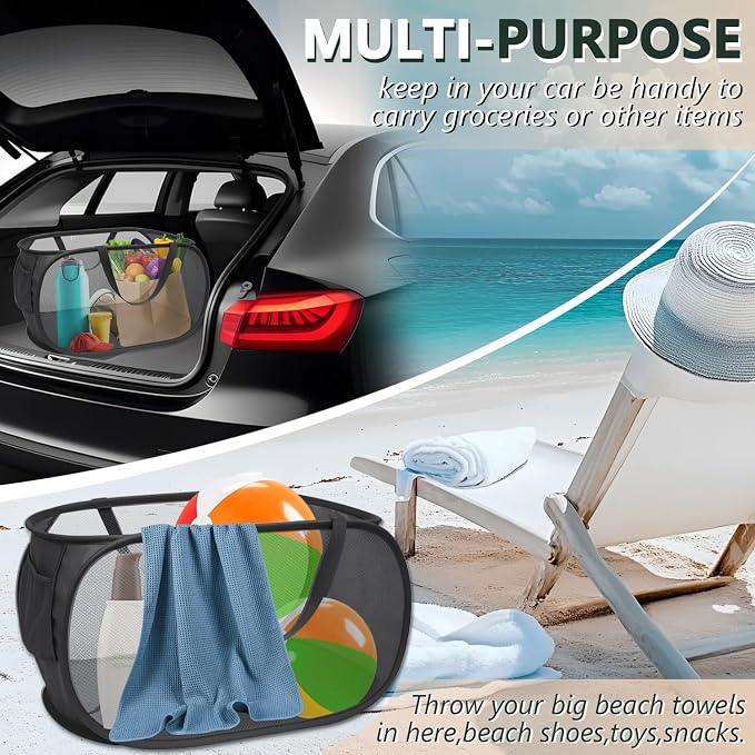 Pop Up Laundry Hamper,Collapsible Horizontal Baskets with Handles & Side Pocket,Foldable Sturdy mesh for Laundry Room,Bathroom,Kids Room,College Dorm or Travel (Black)