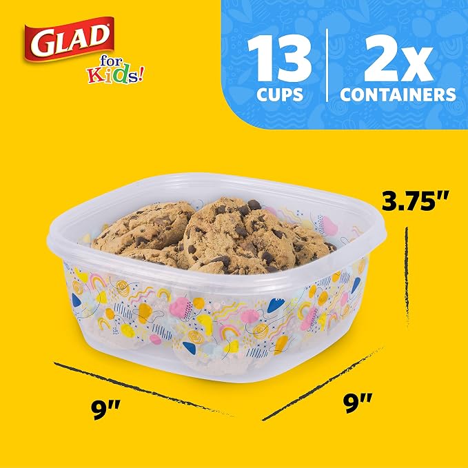 Glad for Kids GladWare Back to School Food Storage Containers with Lids, BPA Free Plastic Variety Pack Rainbow Patterns for Kids Lunches and Snacks, Microwave Freezer Dishwasher Safe, 26 Piece Set