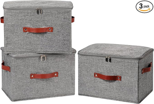 3PCS Storage Bins Boxes with Zippered Lids Cotton Linen Fabric Decorative Basket PU Leather Handles PP Plastic Board Foldable Lidded Clothing Shelf Closet Organizer Container (Gray, Large)