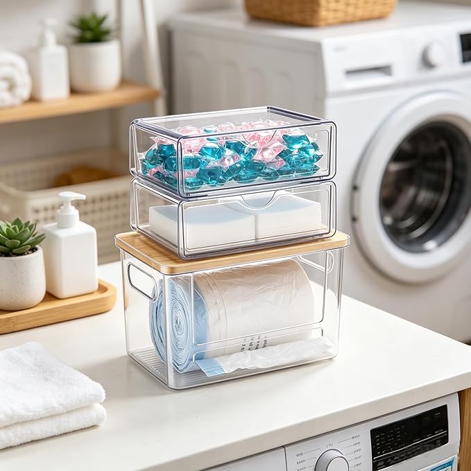 3Pcs Extra Large Laundry Room Organization and Storage, Stackable Storage Drawers, Trash Bag Holder Under Sink, Garbage Bag Dispenser Roll Holder for Vanity, Bathroom,Cabinet,Desk Organization
