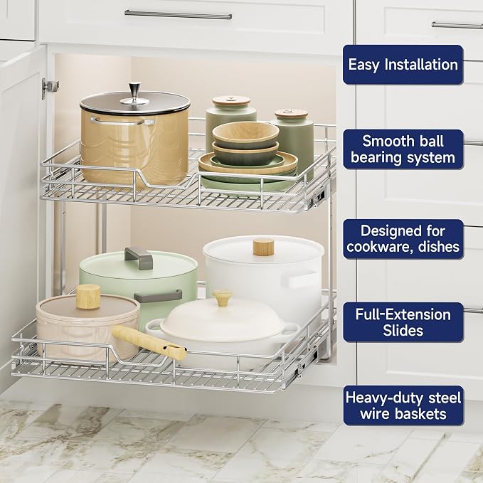 2-Tier Pull Out Cabinet Organizer, 25.5" W x 21.5" D, Heavy Duty Dual Slide Out Shelves for Wide Base Cabinets, Chrome Wire Basket Drawer for Pots, Pans, Pantry & Cleaning Supplies