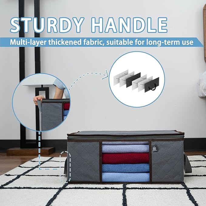 VENO 3 Pack Medium Clothes Storage Bag Organizer with Reinforced Handle, Thick Container Bins for Blankets, Comforters, Bedding, Foldable with Sturdy Zipper, Clear Window, Grey, Reusable (9.5 Gallon)