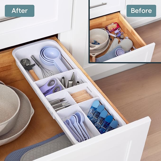 YouCopia DrawerFit Sliding Drawer Tray with Adjustable Dividers, Expandable Kitchen Storage Organizer, Speckled White