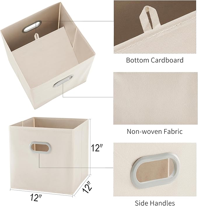 MAX Houser 6 Pack Foldable Fabric Storage Bins with Handles - Ideal for Closet Organization, Bedroom （Beige,12"x12"x12"）