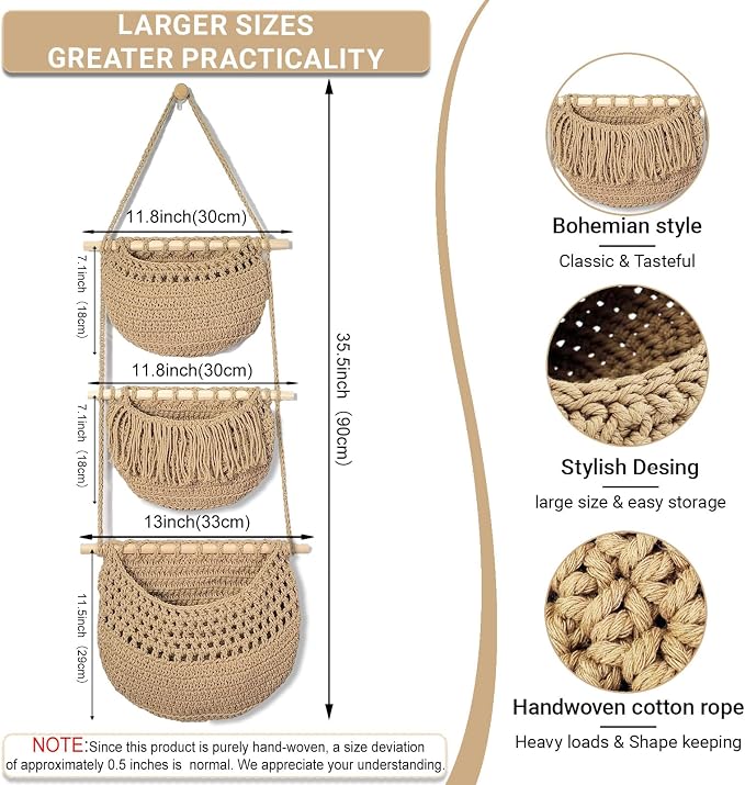 Halidali 3 Tier Hanging Fruit Baskets for Kitchen, Boho Cotton Rope Handwoven Vegetable Hammock Produce Storage Wall Mounted Large Organizing Basket for Farmhouse Decor, Onion, Potato (Linen)