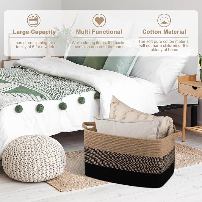 OIAHOMY Large Blanket Basket, 65L Cotton Rope Woven Laundry Basket, Toy Bin for Baby Room, Container for Blanket Storage in Living Room, 20''×16''×12'', Brown & Black