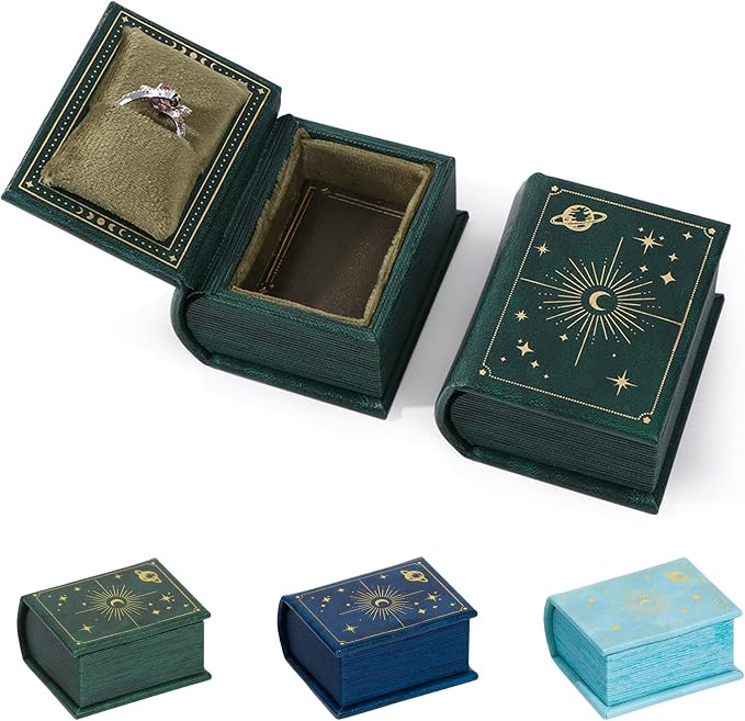 Vintage Magic Book-Shaped Ring Box Starry Sky Pattern PU Leather with Magnetic Closure for Proposal Engagement Gift (Green)
