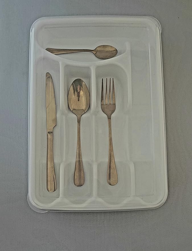 BLACK PEARL Utensil and Silverware Organizer tray for drawer with cover -Cutlery Flatware Organizer with lid - for kitchen drawer, BBQ, picnic, Covered flatware tray,5 Compartments - Plastic (WHITE)