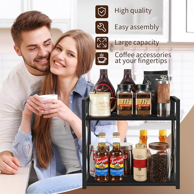 YINMIT Countertop Shelf Organizer,Coffee Bar Accessories,Spice Rack,Coffee Counter Shelf,2 Tier Coffee Organizer Station for Mugs,Cups,Cream,Syrup(Black, Large)