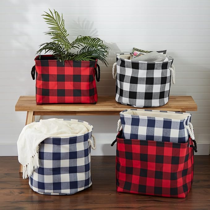 DII Buffalo Check Storage Collection Collapsible Bin with Handles, Large Rectangle, 17.5x12x15, Red & Black