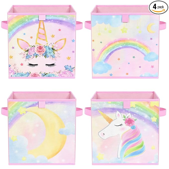 WERNNSAI Cube Storage Bins - 4 Pack Fabric Foldable Storage Cube Organizer for Kids Decorative Storage Baskets with Handles 11" x 11" Home Closet Nursery Room Bedroom (Unicorn)