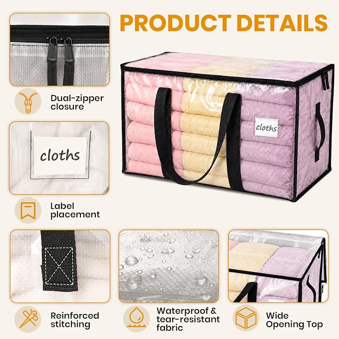 Velway Pack of 4 95 L Storage Bags, Heavy-Duty Christmas Warehouse, Transparent Moving Boxes, Large, Foldable with Zip Handle, Waterproof Storage Bag for Moving Bedding, Clothing Storage