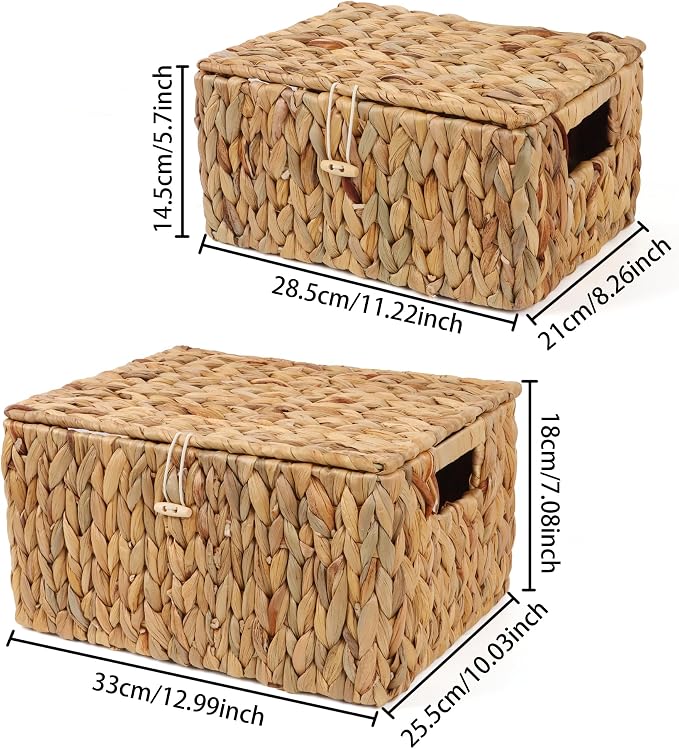 Moosky Wicker Shelf Baskets with Lid, Rectangular Storage Basket Bins with Handles Handwoven Home Desk Organizer Decor Boxes (Natural, 11.2" x 8.2" x 5.7"+12.99" x 10" x 7.08")