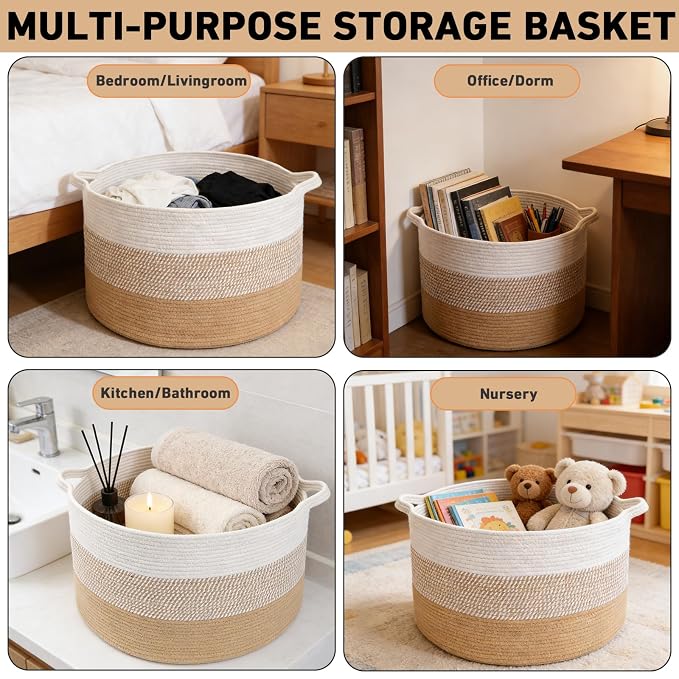115L Large Blanket Basket,23.6"L x 23.6"W x 15.7"H Rope Woven Baskets with Handles, Toys Storage Bins,Laundry Basket Perfect for Living Room, Nursery,Bedroom,Home Organization,Yellow