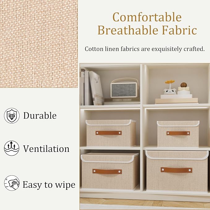 OUTBROS Storage Boxes, Bins with Lids, Beige, 3 Pack 10.2x7.9x6.7in | Cotton and linen cloth Storage Baskets with Handle, for Books, Closet, Bedroom, Home