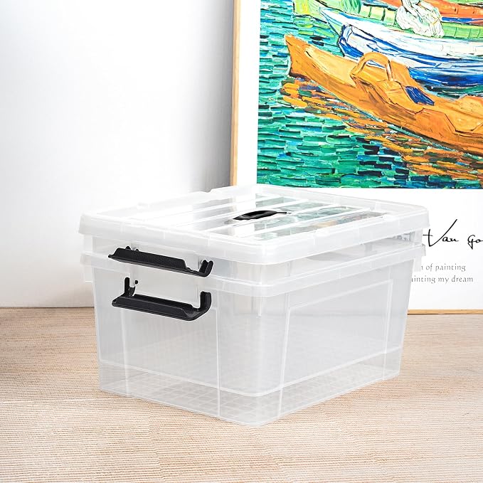 Cetomo Lidded Storage Bin with Handle, Tote Organizing Container with Durable Lid and Secure Latching Buckles, Stackable and Nestable, Plastic, 40 Quart-6 Pack, Clear