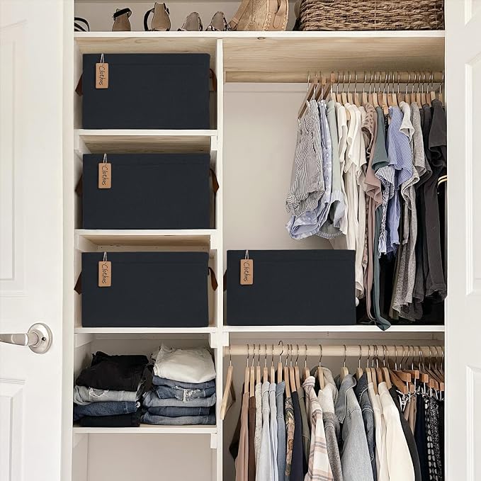 CHICVITA Storage Baskets for Shelves, Large Fabric Storage Bins with Metal Frame, Closet Storage Bins for Clothes Toy Organizer, 16 ¾" L x 11" W x 9 ¾" H, Black, 4-Pack