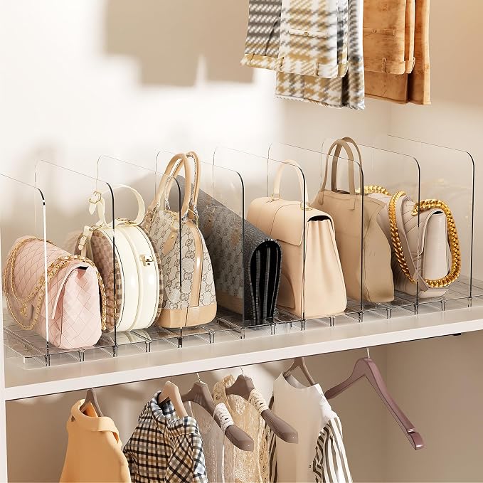 JOYZAN Stackable Purse Organizer for Closet, Adjustable Closet Purse Organizer, Clear Acrylic Shelf Dividers, Detachable Handbag Storage Separator Dividers for Home, Office - 2 Pack