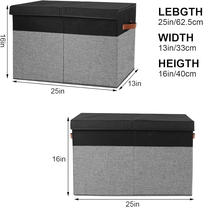Gowee Large Toy Storage Box with Lid, Sturdy Toys Storage Chest Bin Organizer Basket with Dividers for Kids, Boys, Girls, Nursery, Closet, Bedroom, Playroom 25"x13" x16" (Black and Grey)