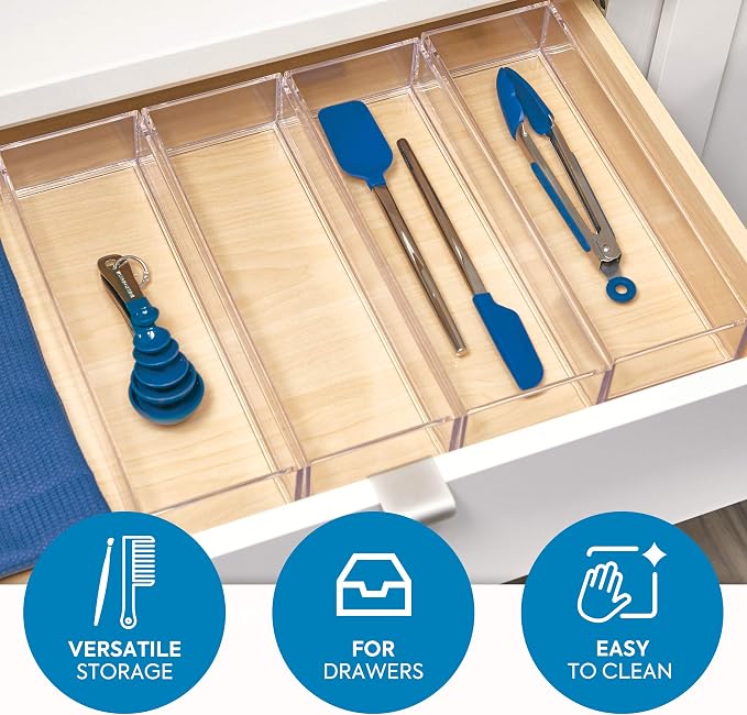 iDesign Plastic Drawer Organizer, 4" x 12" x 2", Clear | Storage Container, For Silverware, Utensils, Kitchen Gadgets, For Pantry, Cabinets, Countertops