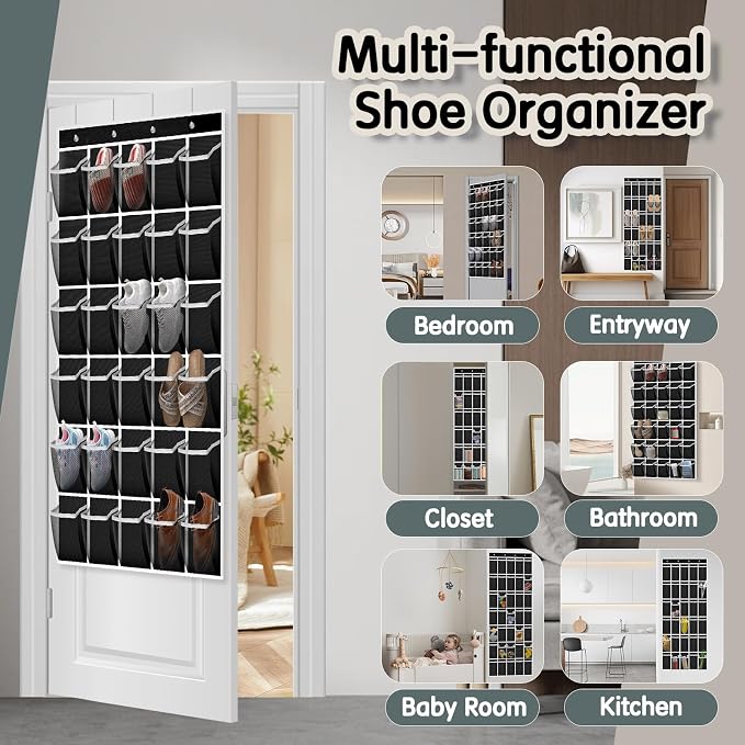 Kotkn Over the Door Shoe Organizer with 30 Breathable Mesh Pockets - Large Capacity Closet Storage for Men & Women, Hanging Shoe Rack Organizer (Solid black)