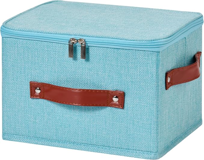 Storage Bin Box with Zippered Lid Cotton Linen Fabric Decorative Basket with PU Leather Handles PP Plastic Board Foldable Lidded Clothing Shelf Closet Organizer Container (Blue, Small)