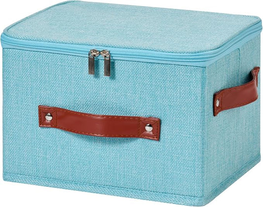 Storage Bin Box with Zippered Lid Cotton Linen Fabric Decorative Basket with PU Leather Handles PP Plastic Board Foldable Lidded Clothing Shelf Closet Organizer Container (Blue, Small)