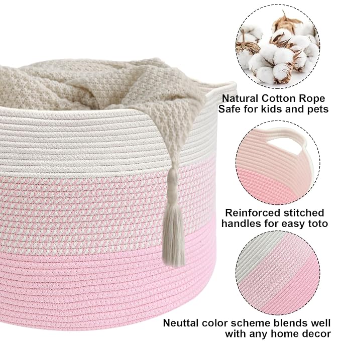 65L Large Blanket Basket,Woven Rope Laundry Basket Hamper with Handles,Decorative Nursery Basket Storage Bin for Toys, Pillows, Clothes Organizer, Living Room, Bedroom, Bathroom, Pink