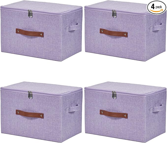 4 Pack Storage Bins with Zipper Lid Cotton Linen Fabric Lidded Storage Baskets Boxes Foldable Washable Closet Shelf Clothes Organizer Container with PU Leather Handles (Purple, Large)